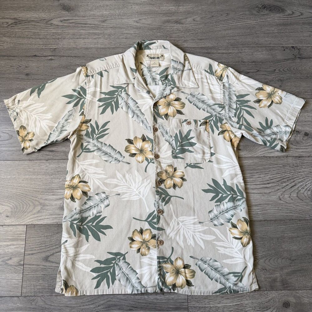 Paradise Coves Men’s 100% Silk Tan With Floral Hawaiian Camp Shirt - Size Medium
